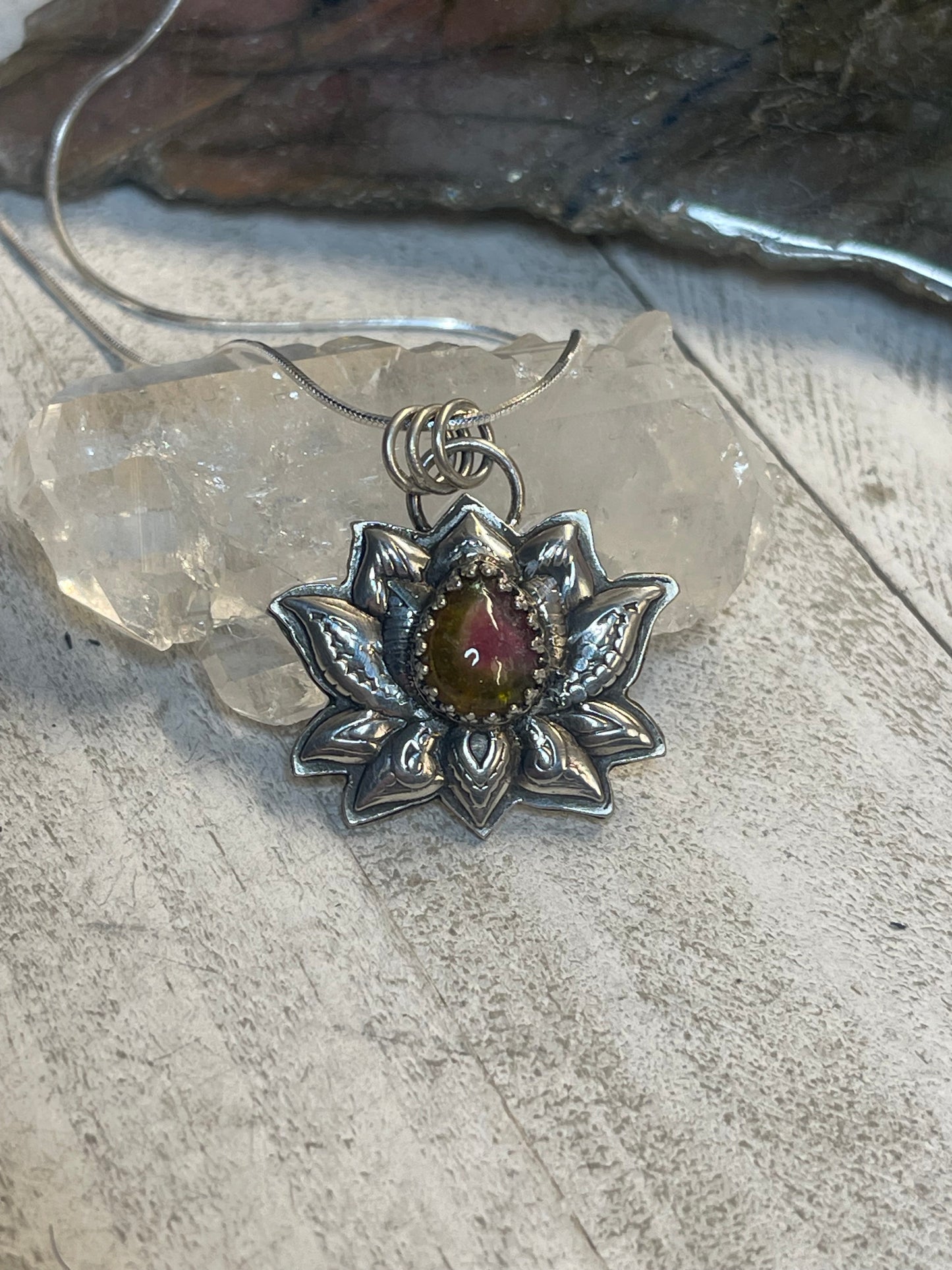 Watermelon Tourmaline Lotus Flower Necklace