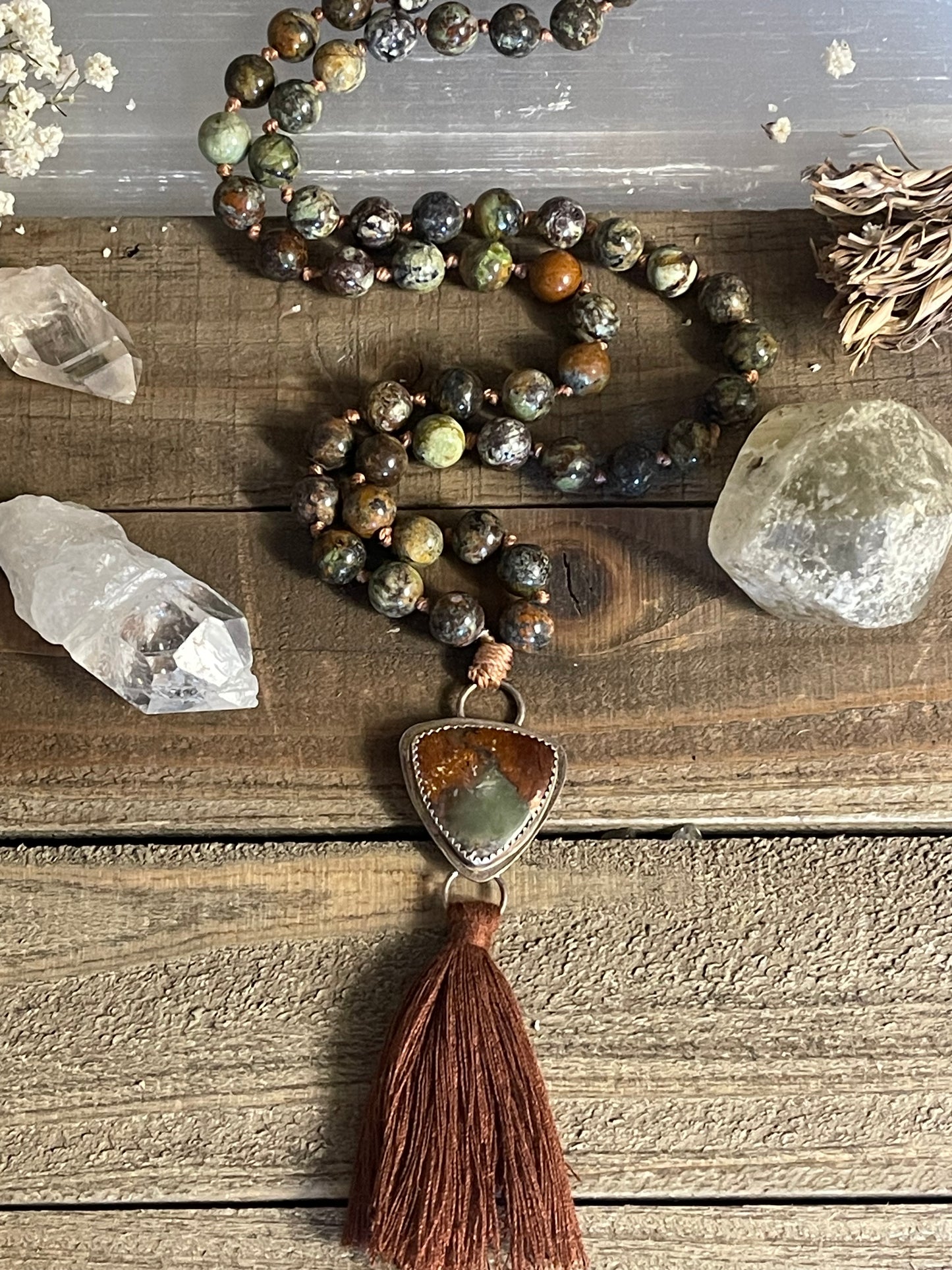 Rainforest Agate and handcrafted Chrysoprase Sterling Silver Guru bead mala
