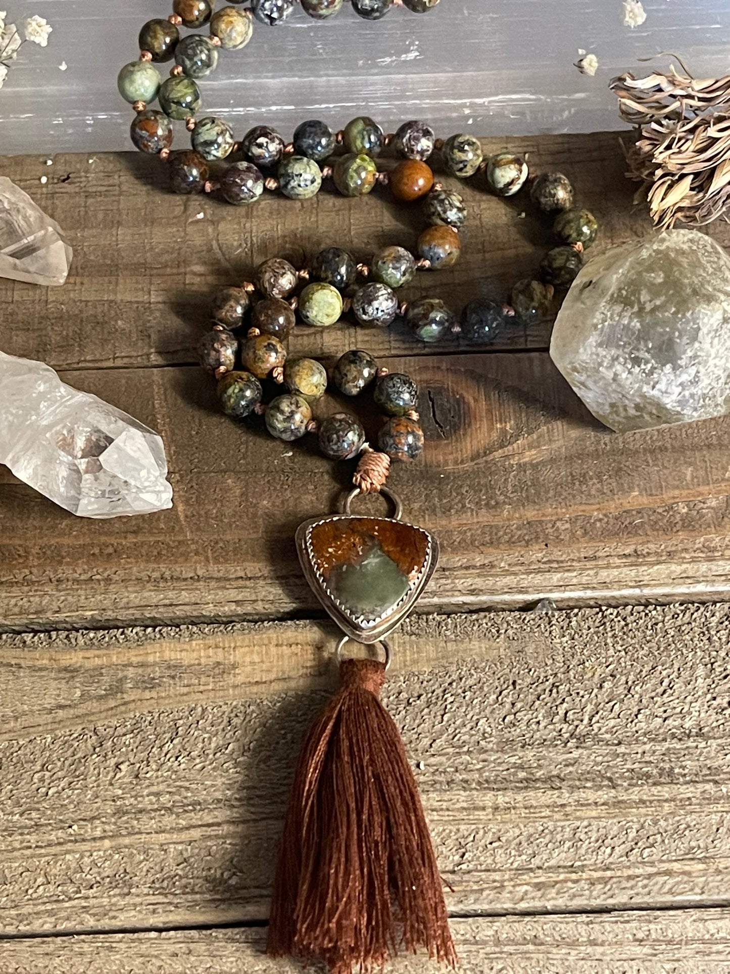 Rainforest Agate and handcrafted Chrysoprase Sterling Silver Guru bead mala