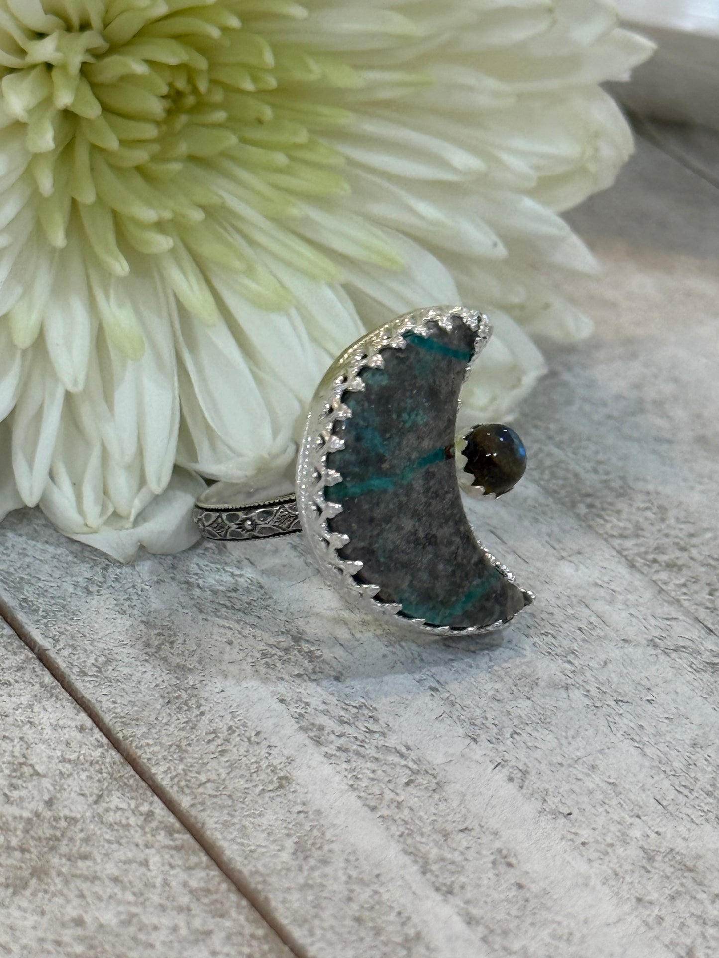 Turquoise moon and Labradorite ring size 9