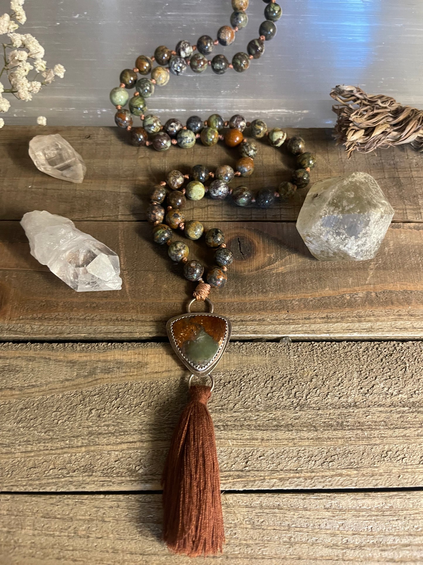 Rainforest Agate and handcrafted Chrysoprase Sterling Silver Guru bead mala