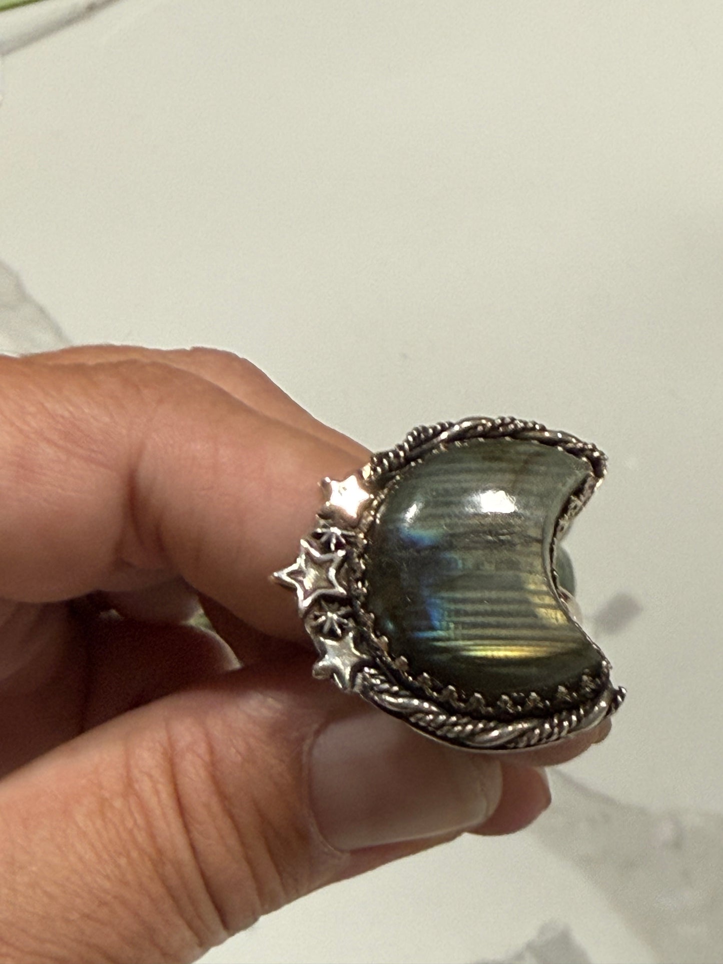 Labradorite Moon and stars Ring size 8 1/2