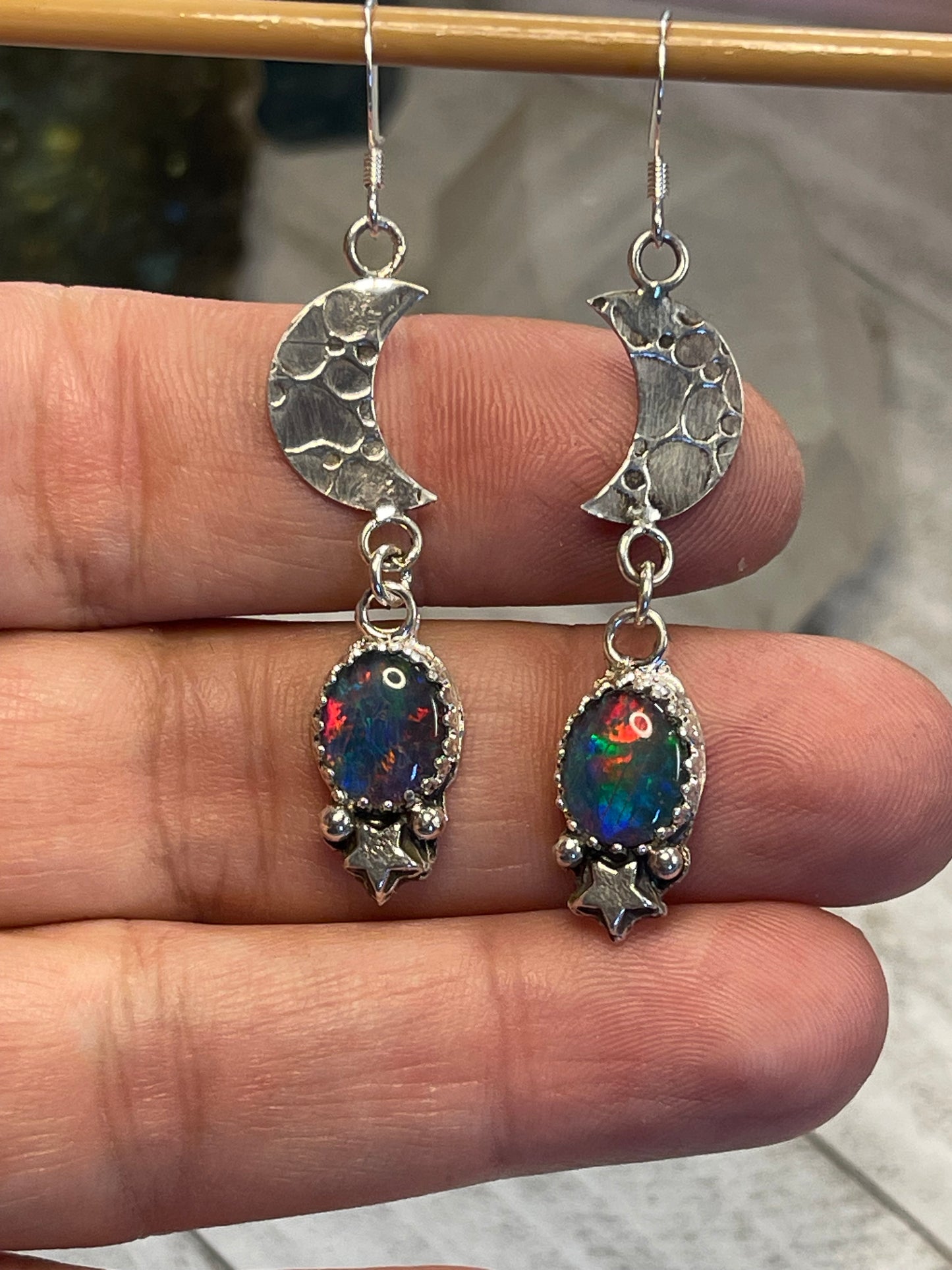 Opal Celestial Moon and stars earrings