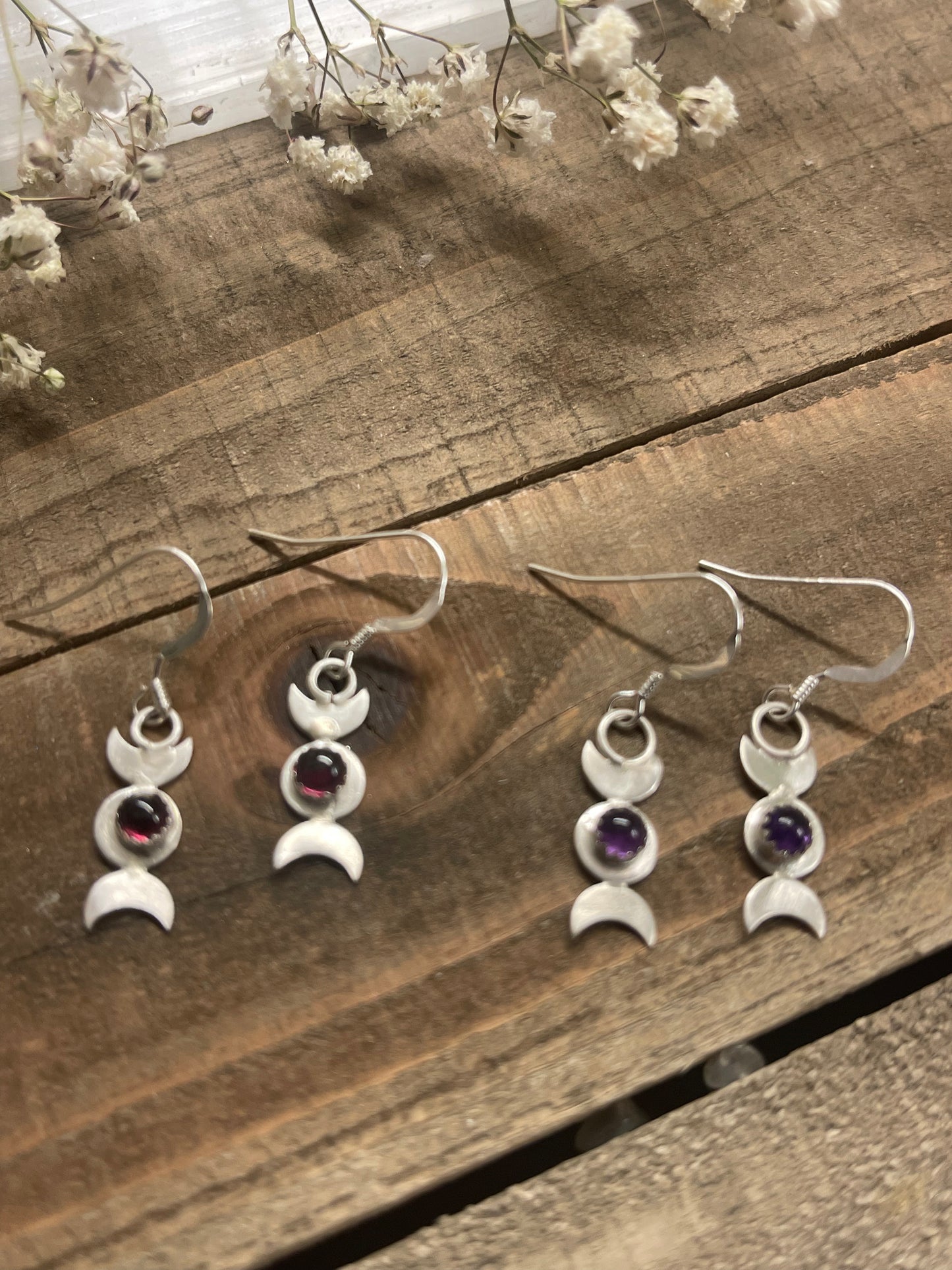 Triple Moon Goddess Earrings with gemstones