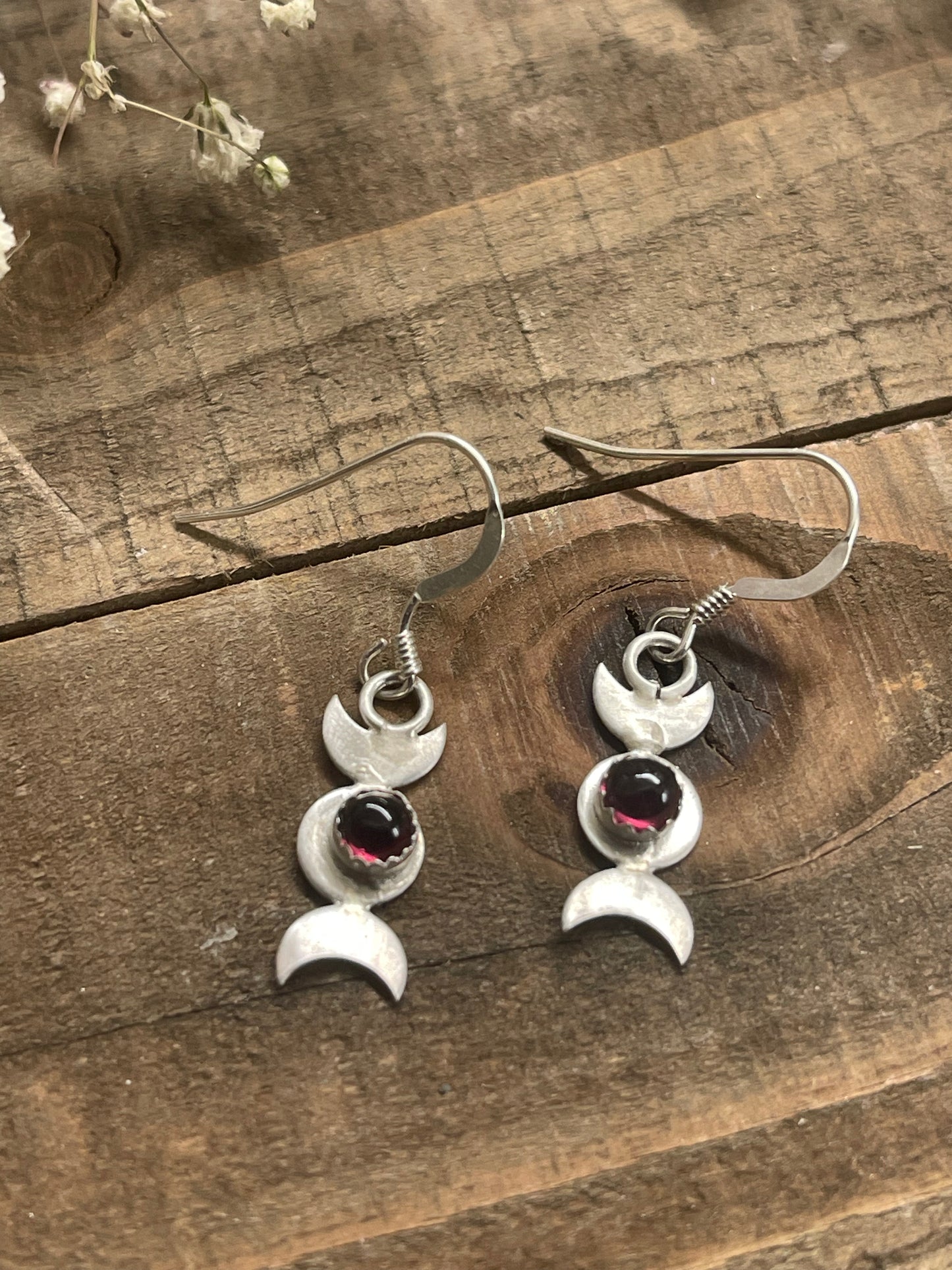 Triple Moon Goddess Earrings with gemstones