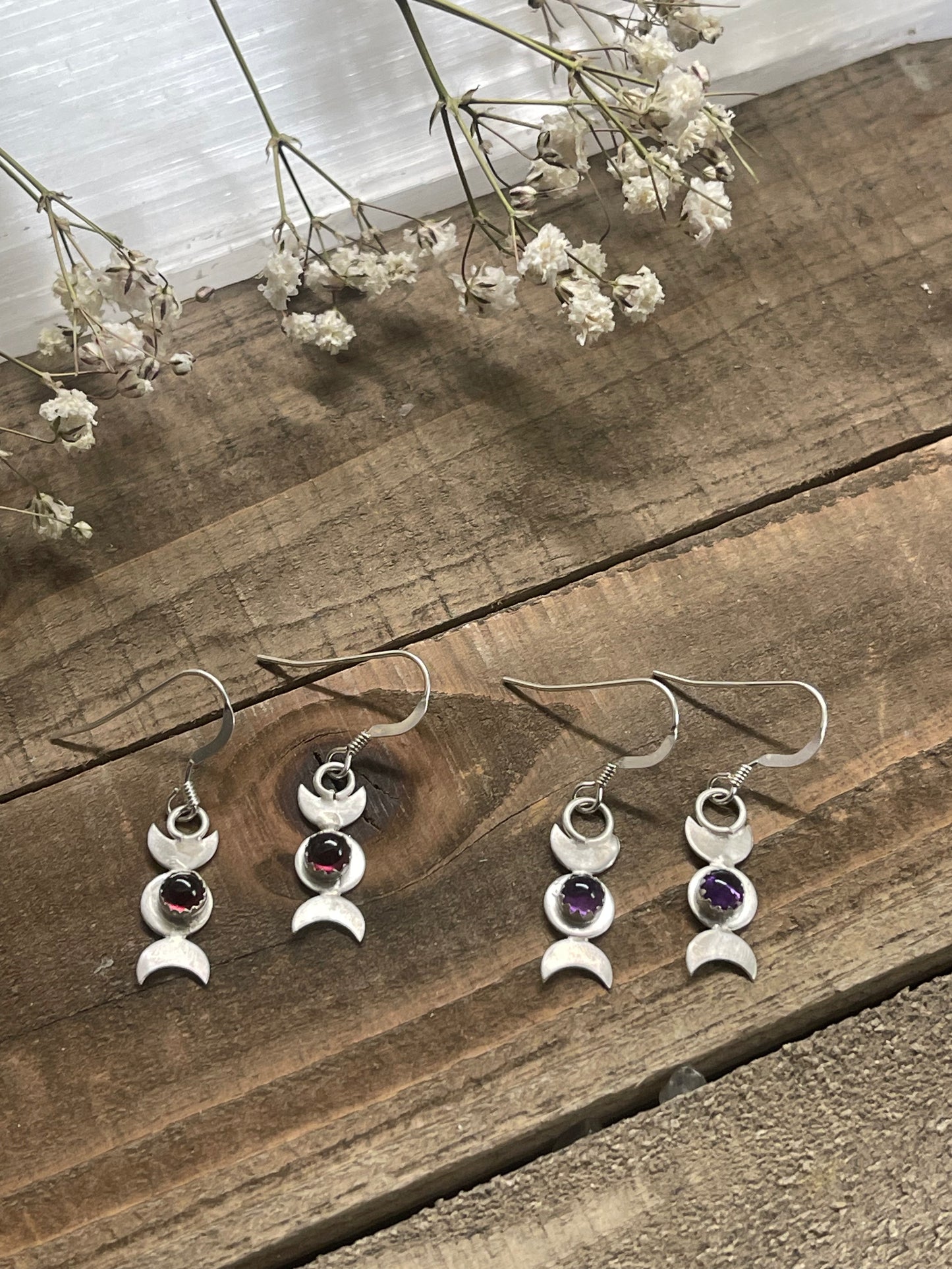Triple Moon Goddess Earrings with gemstones