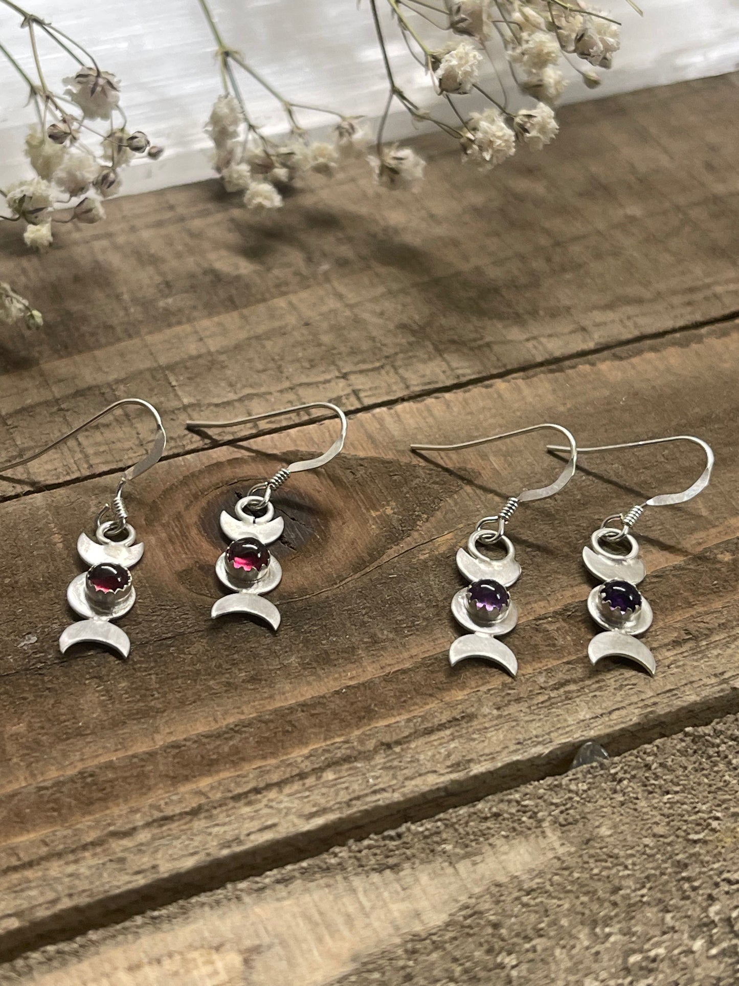 Triple Moon Goddess Earrings with gemstones
