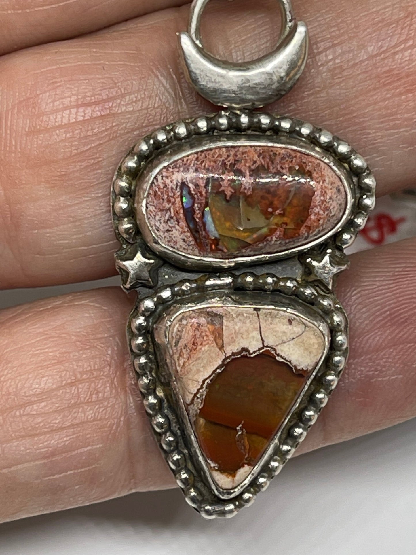 Cantera Mexican Opal Sterling Silver Necklace with beaded trim and stars