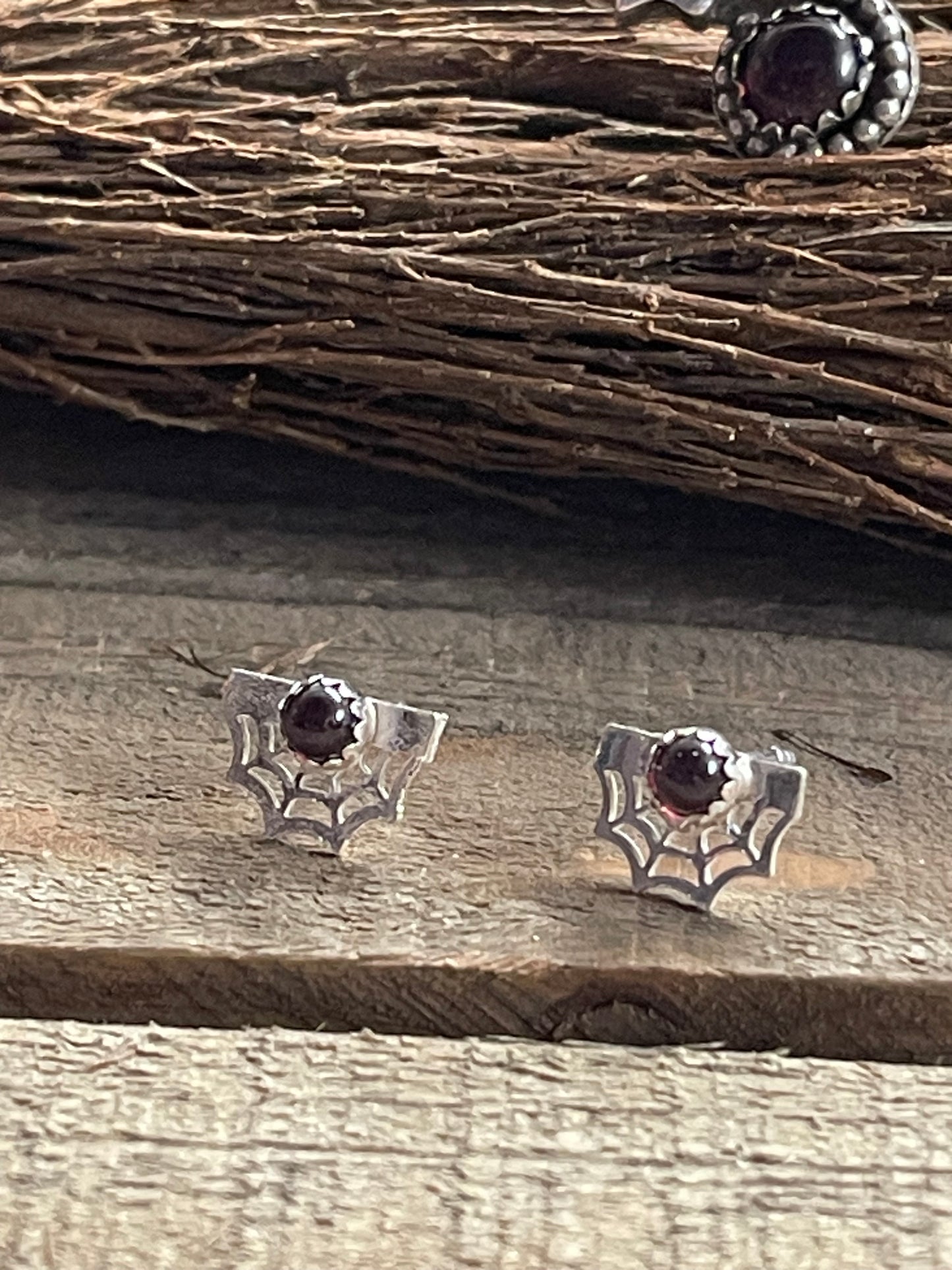 Moonstone spiderweb sterling silver stud earrings