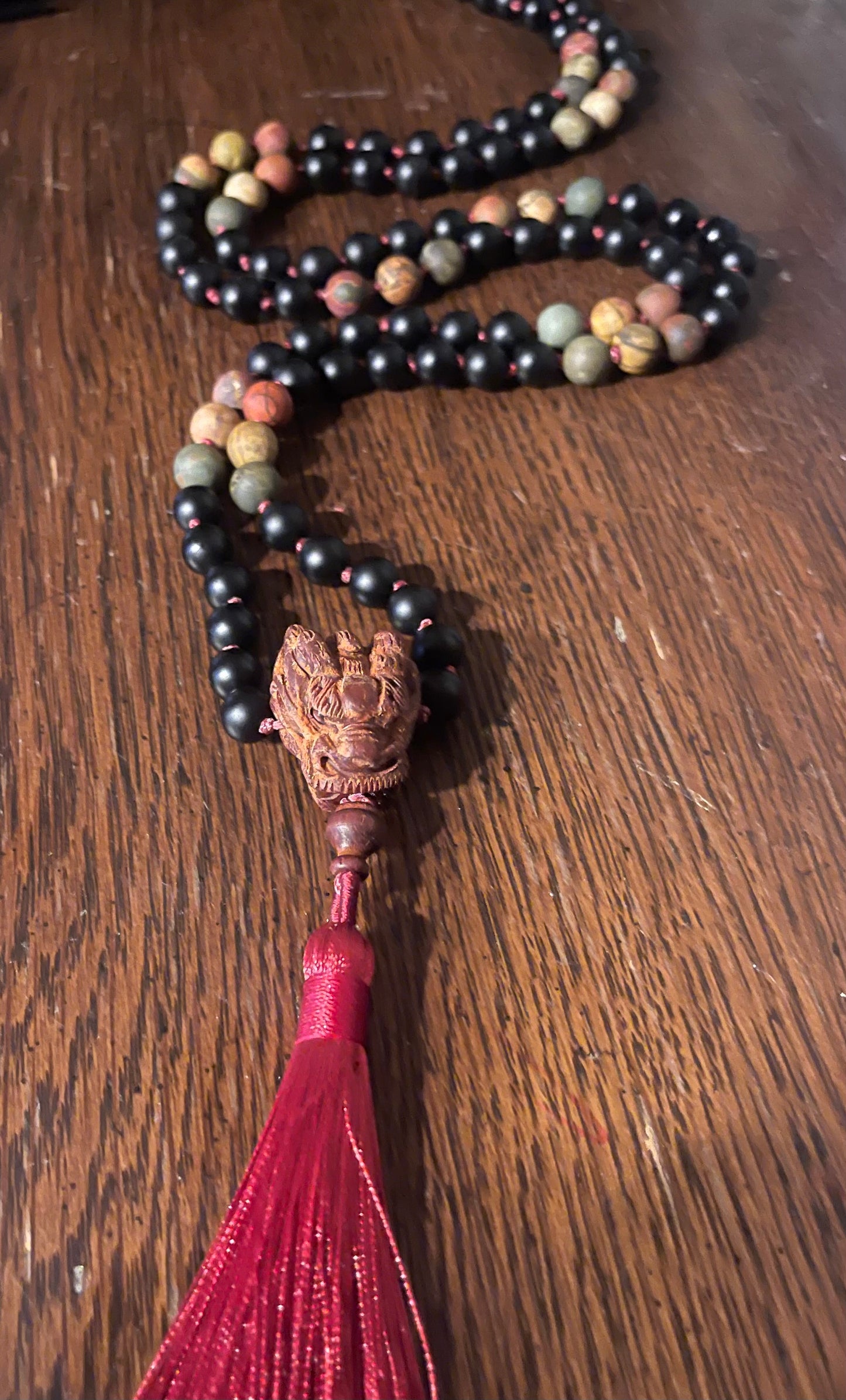 Dragons Fire Mala, 108 bead knotted mala matted Onyx and Red River Jasper