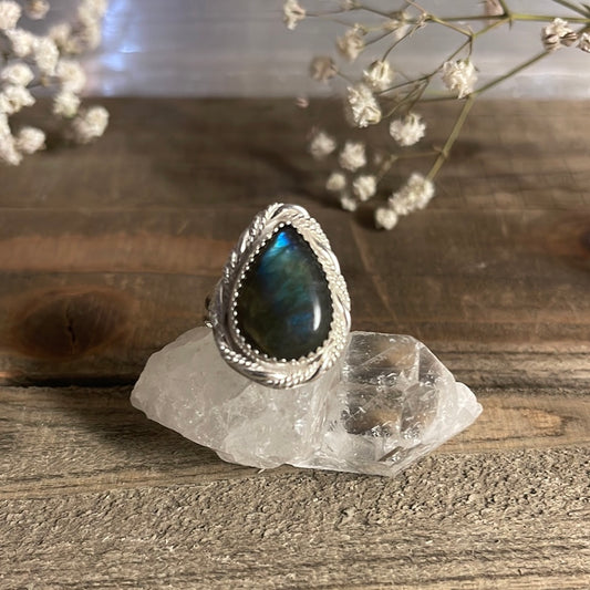 Labradorite teardrop ring, size 8