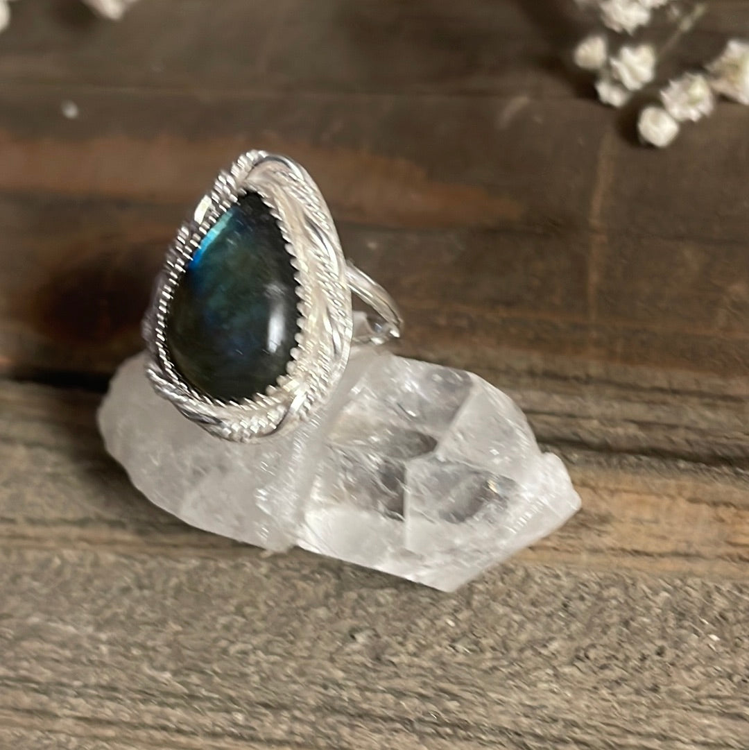 Labradorite teardrop ring, size 8