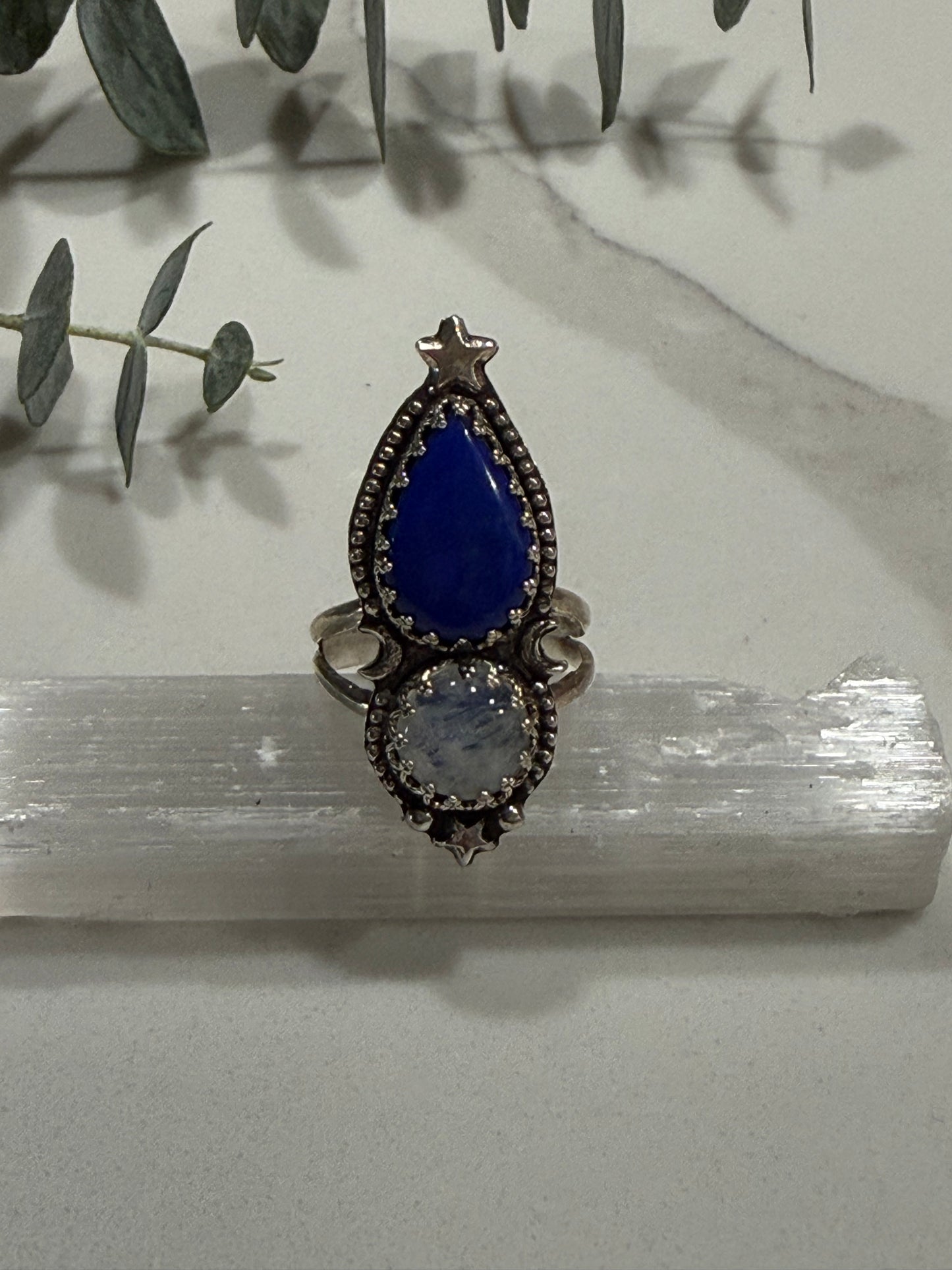 Lapis and Moonstone Cosmic Ring Size 8