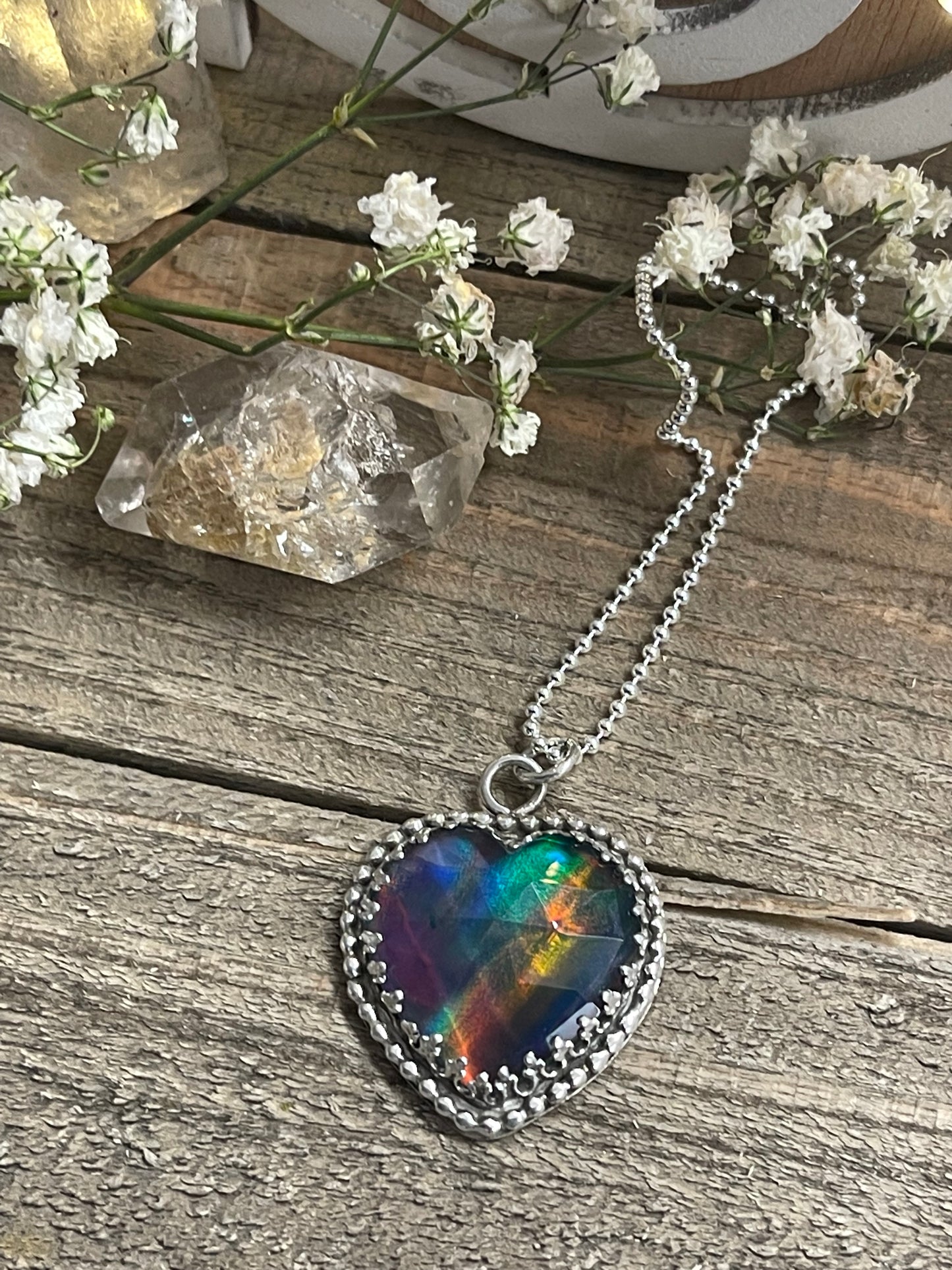 Aurora Opal Rainbow Kiss Heart Necklace