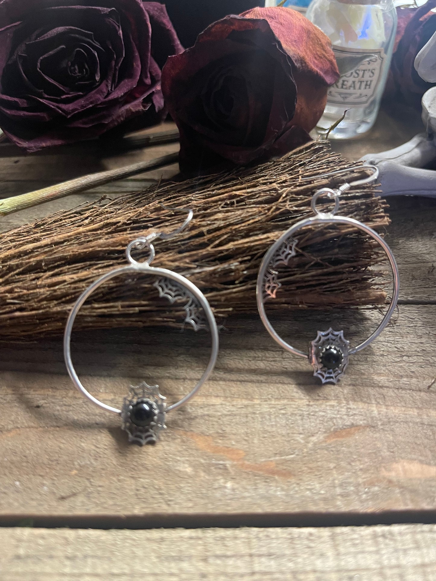 Spiderweb gemstone hoop earrings sterling silver