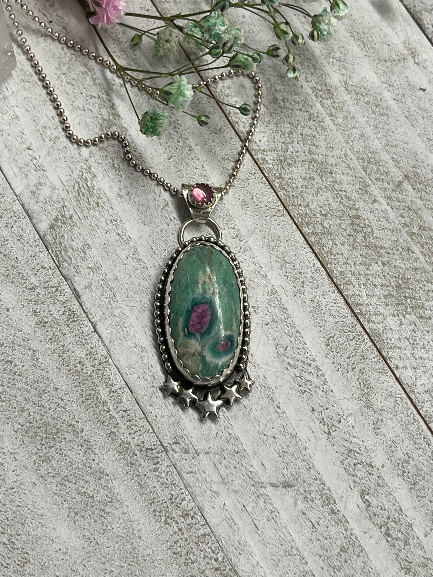 Ruby in Fuschite Necklacewith Pink Tourmaline Bail