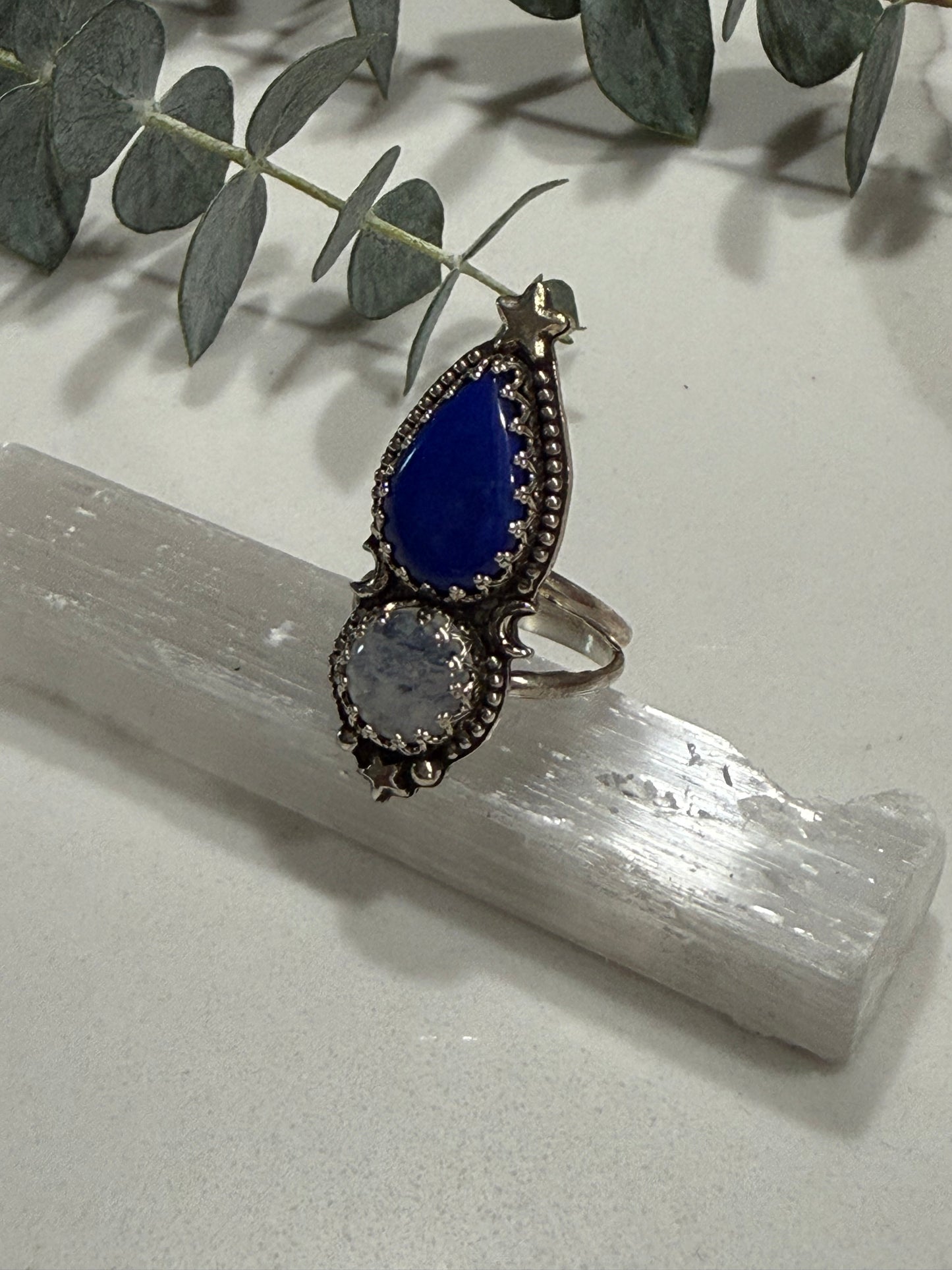 Lapis and Moonstone Cosmic Ring Size 8