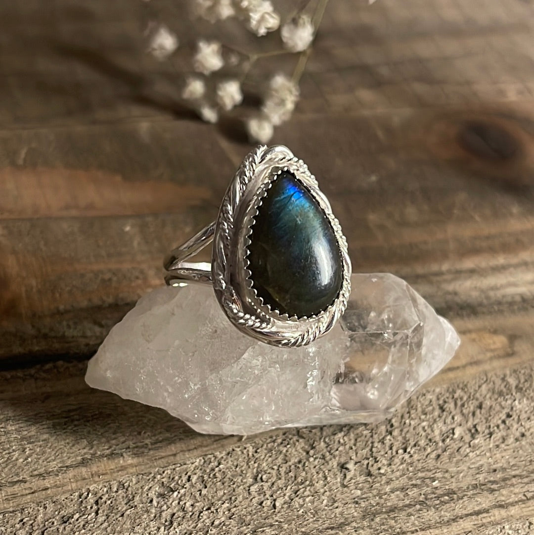 Labradorite teardrop ring, size 8