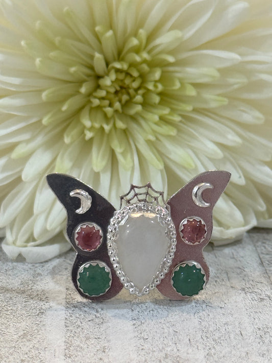 Pink Tourmaline, Moonstone and Emerald Butterfly ring size 7