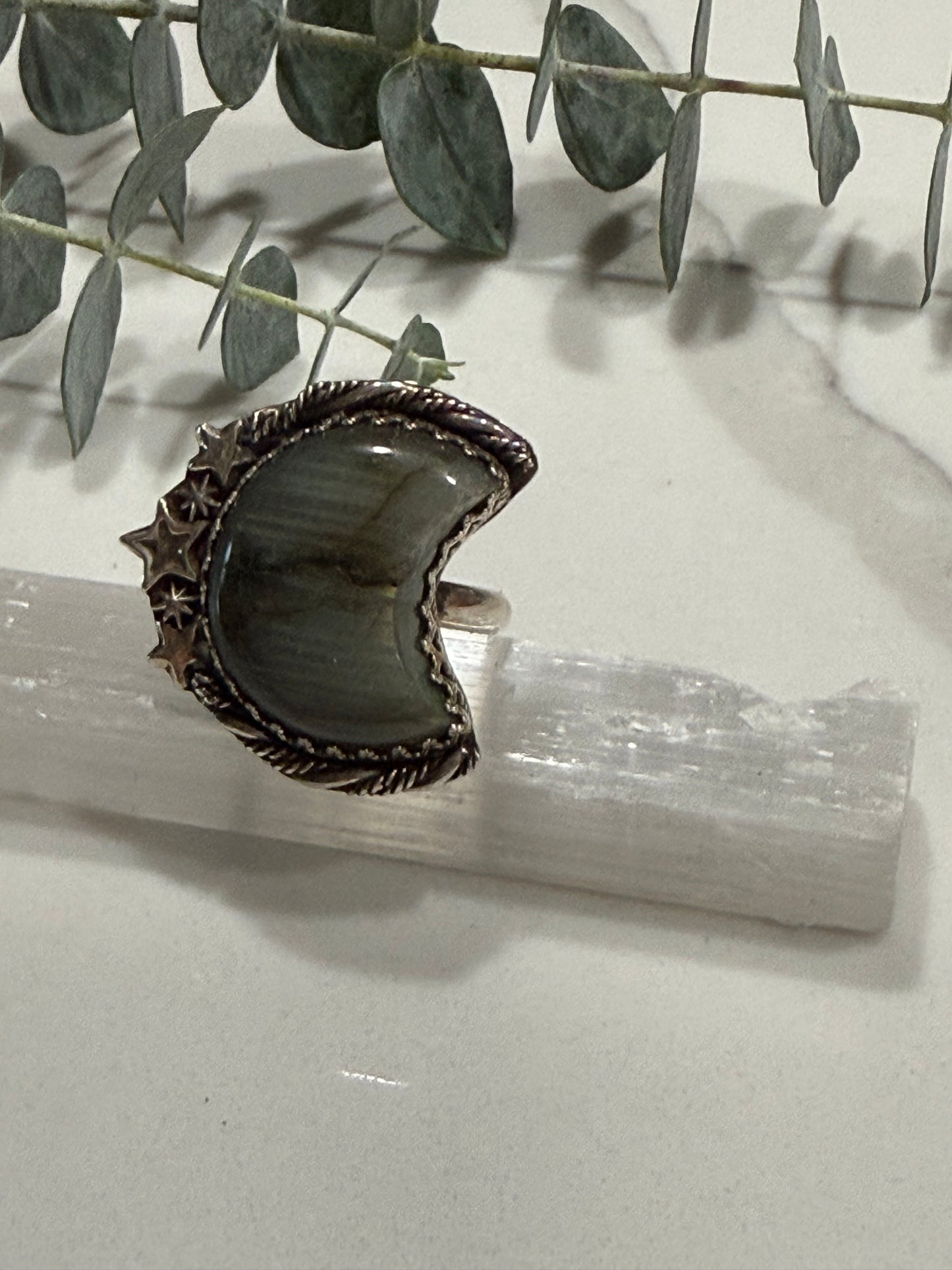 Labradorite Moon and stars Ring size 8 1/2
