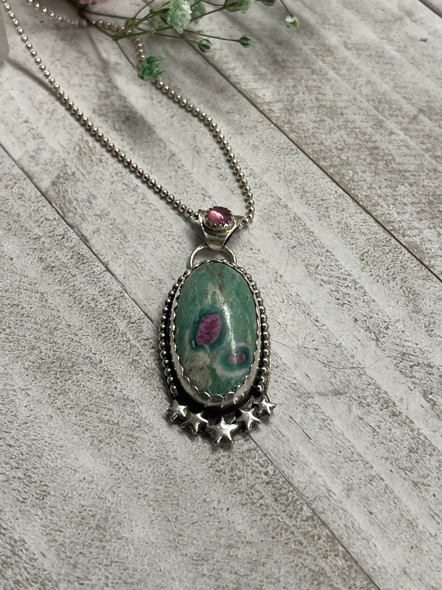 Ruby in Fuschite Necklacewith Pink Tourmaline Bail