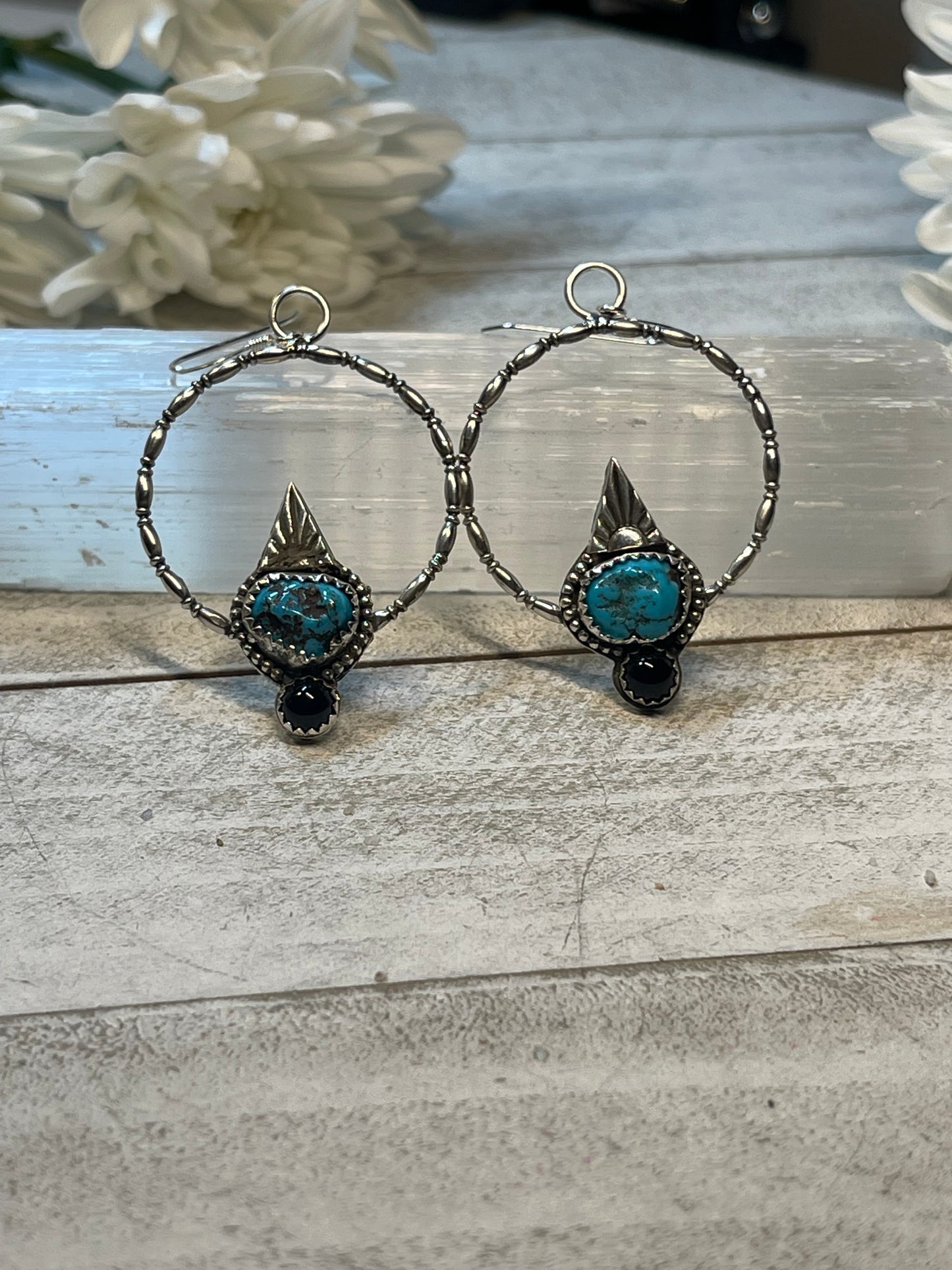 Turquoise Vintage Kingman & Onyx Hoops Sterling Silver