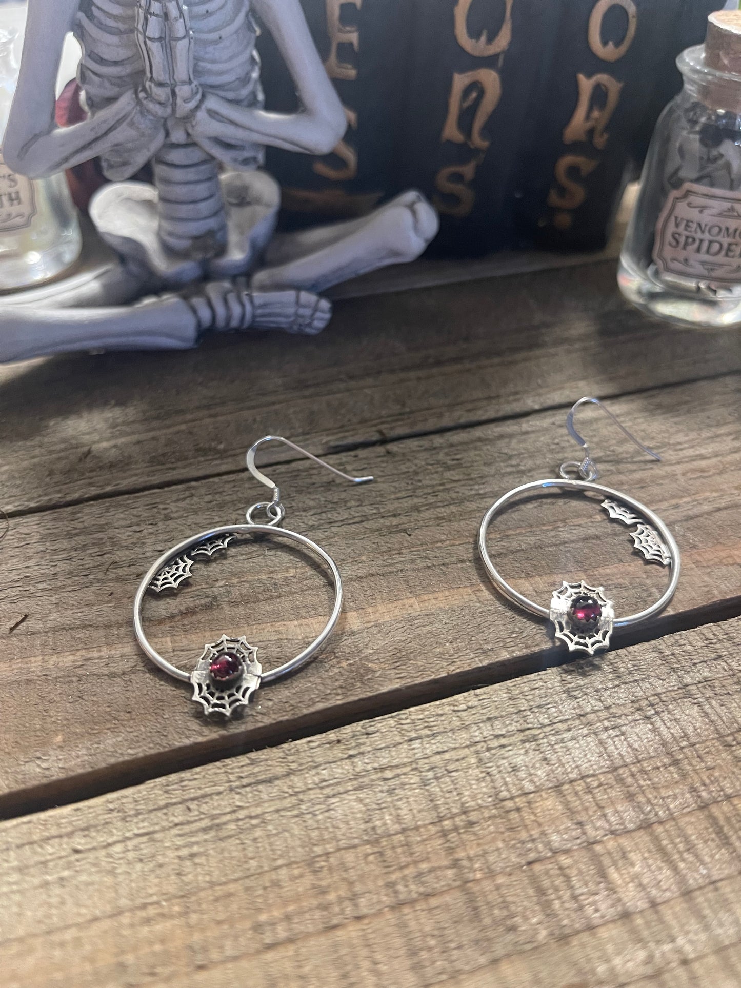 Spiderweb gemstone hoop earrings sterling silver