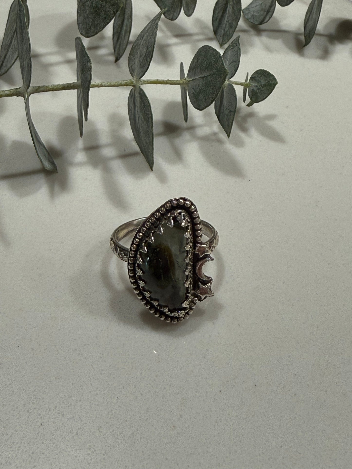 Prehnite with Epidote ring and moon and stars size 8