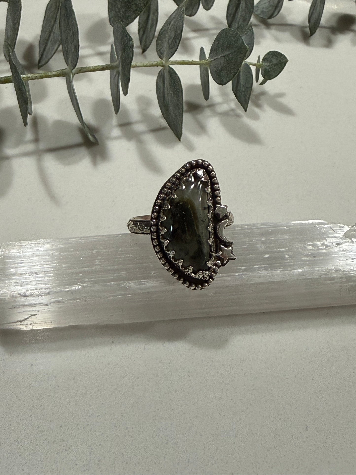 Prehnite with Epidote ring and moon and stars size 8