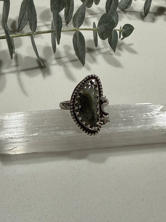 Prehnite with Epidote ring and moon and stars size 8