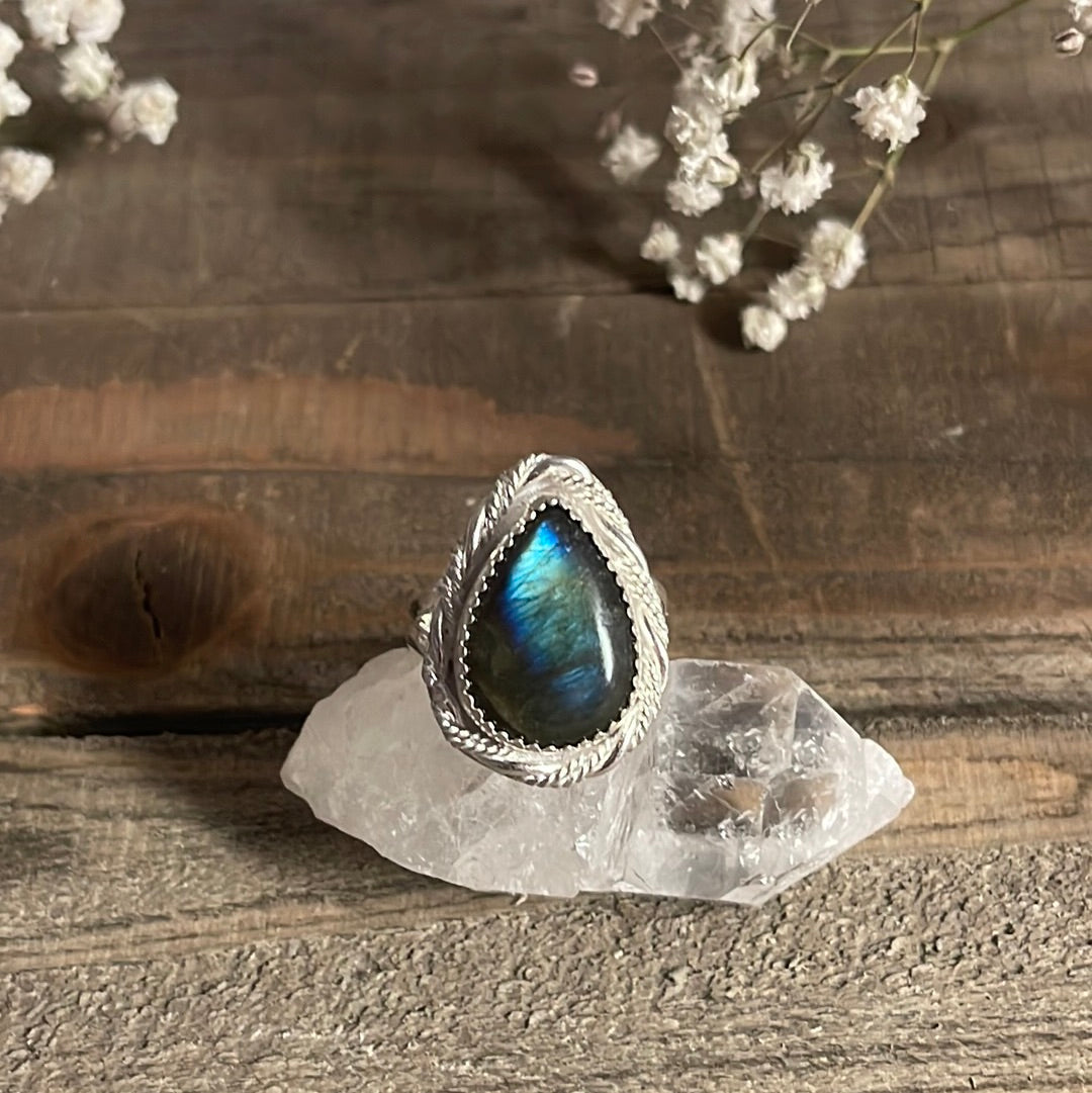 Labradorite teardrop ring, size 8