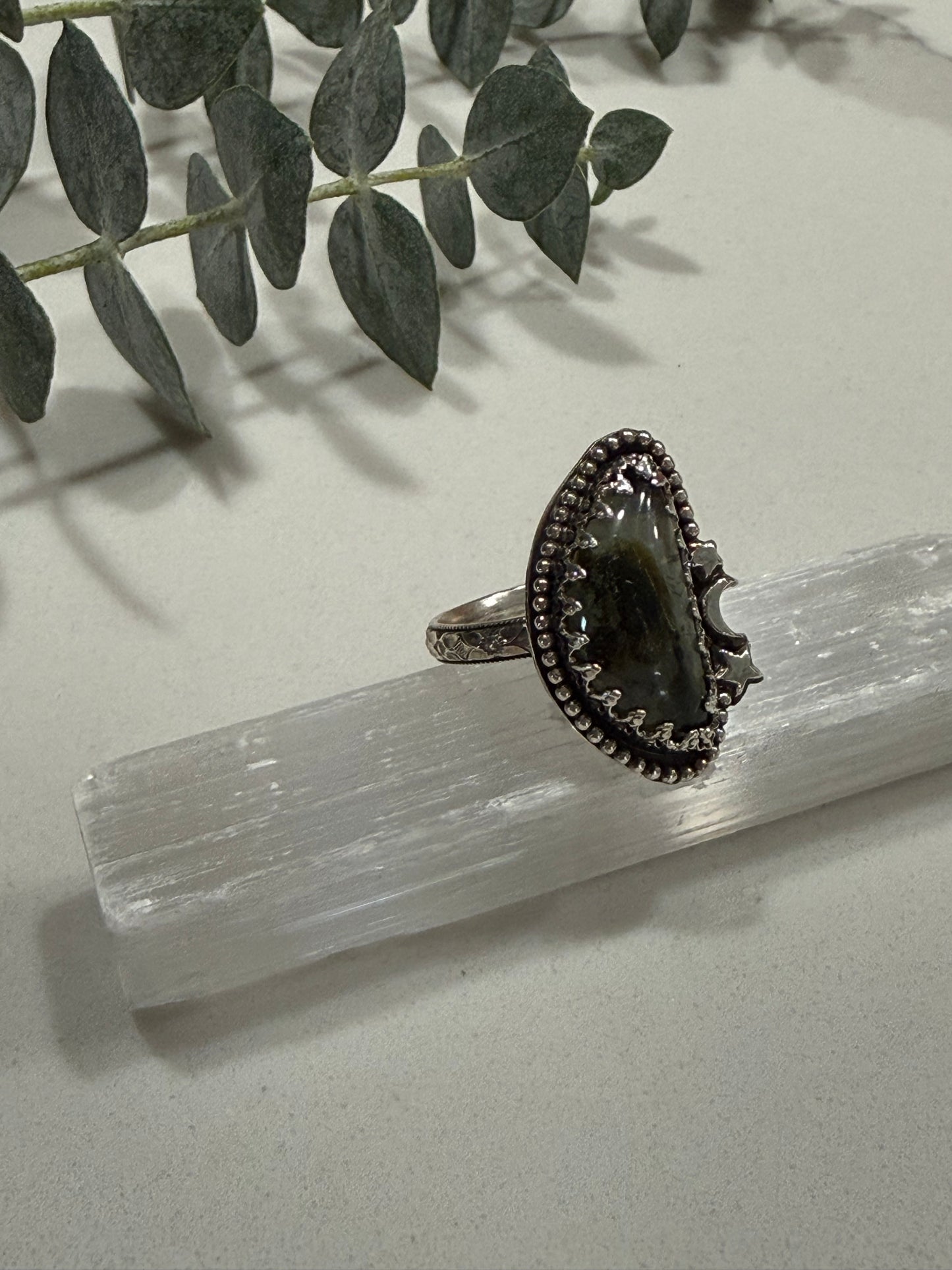 Prehnite with Epidote ring and moon and stars size 8