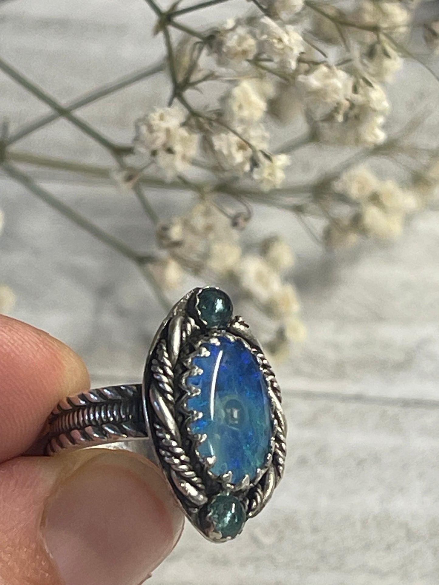 Boulder Opal & Blue Tourmaline Ring Size 5 1/2