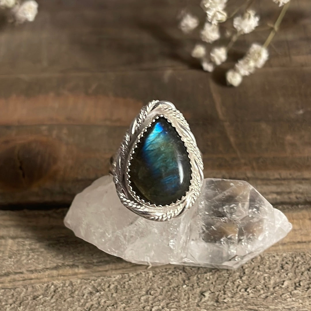 Labradorite teardrop ring, size 8