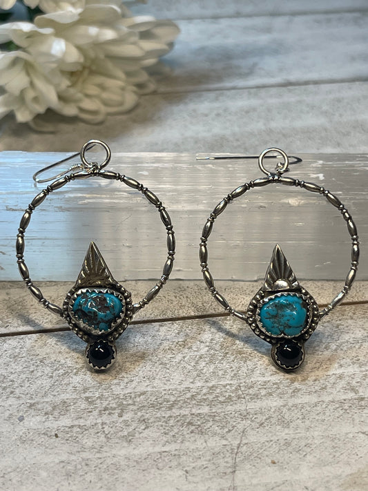 Turquoise Vintage Kingman & Onyx Hoops Sterling Silver