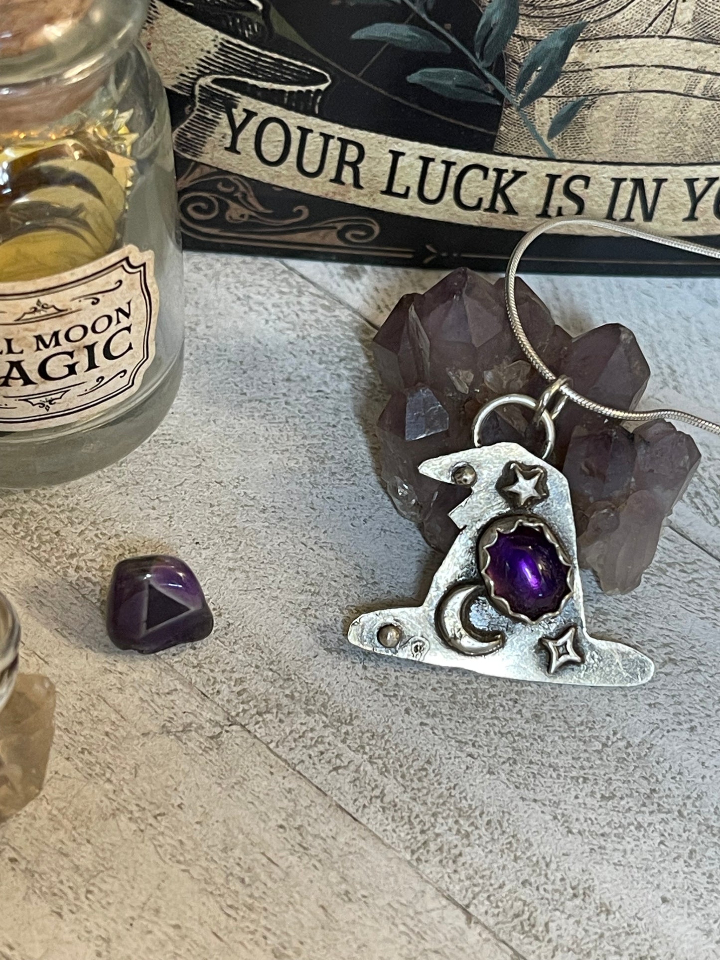 Amethyst cosmic witch hat necklace