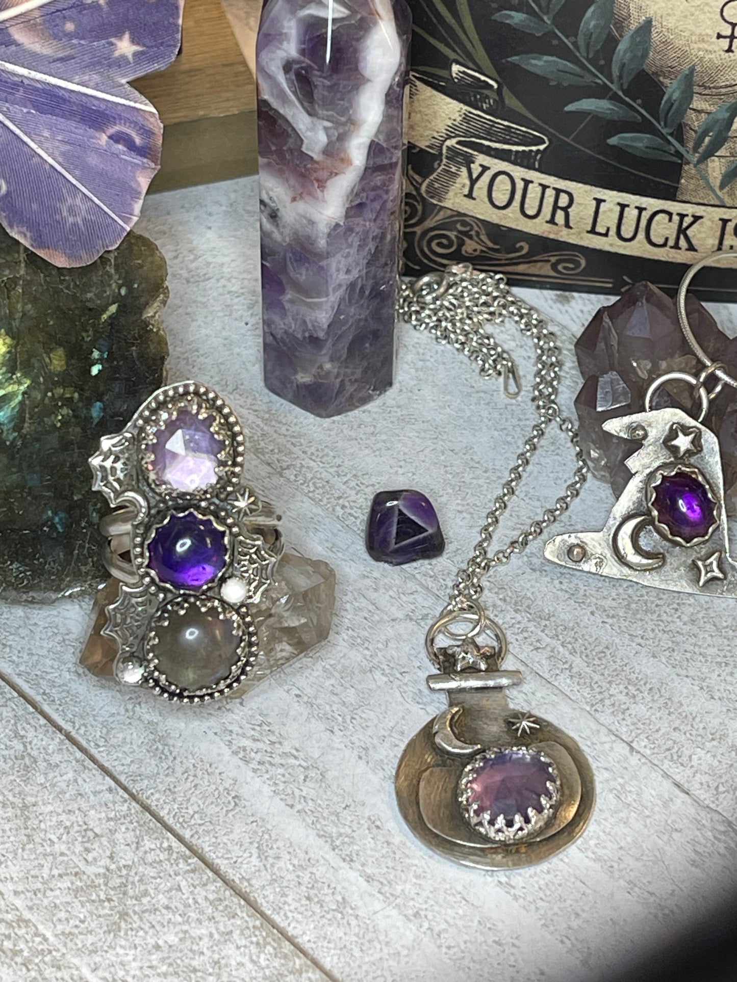 Amethyst cosmic witch hat necklace