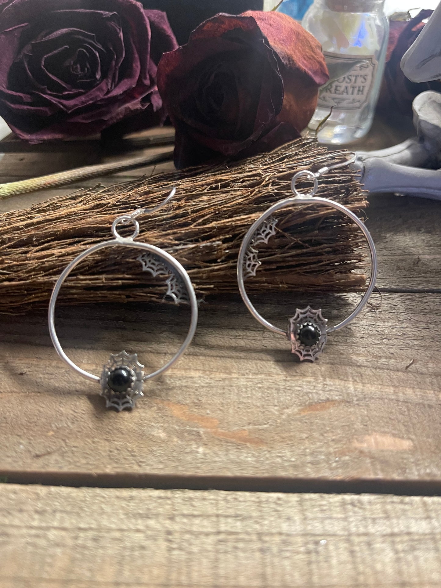 Spiderweb gemstone hoop earrings sterling silver