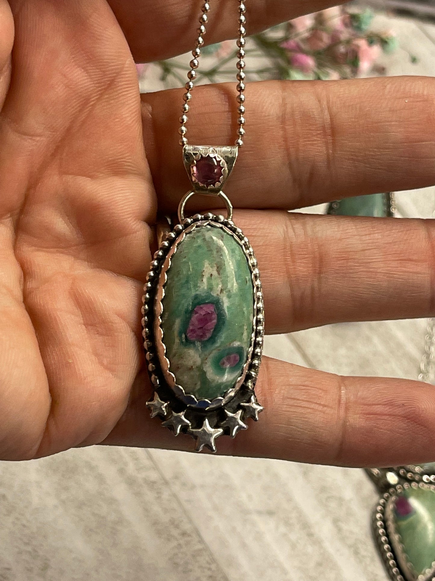 Ruby in Fuschite Necklacewith Pink Tourmaline Bail