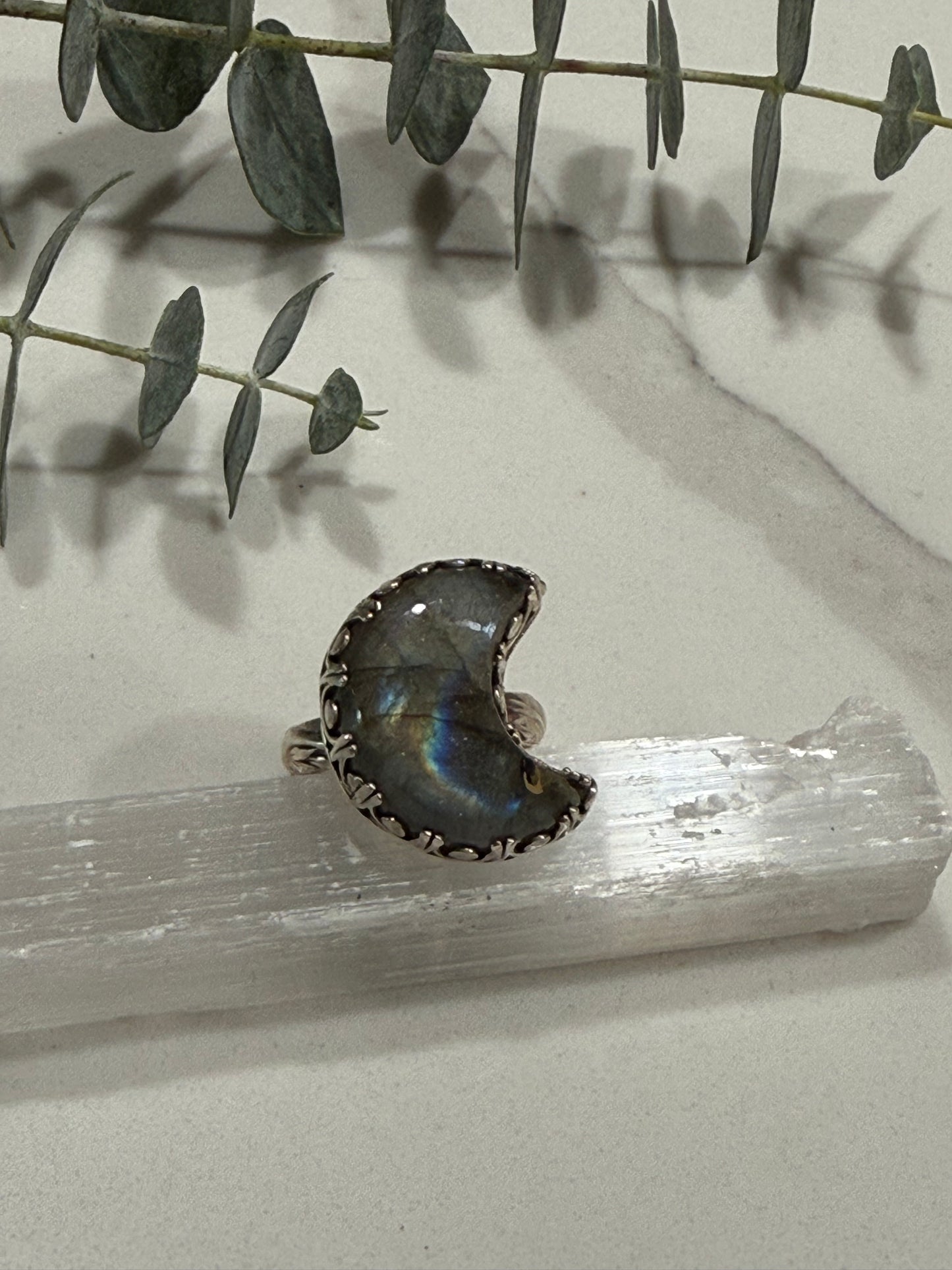 Labradorite crescent moon ring size 8