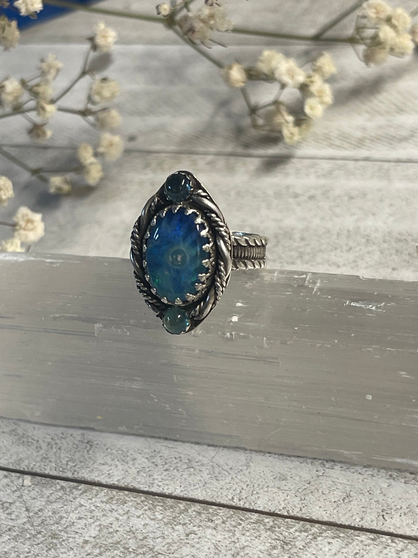 Boulder Opal & Blue Tourmaline Ring Size 5 1/2