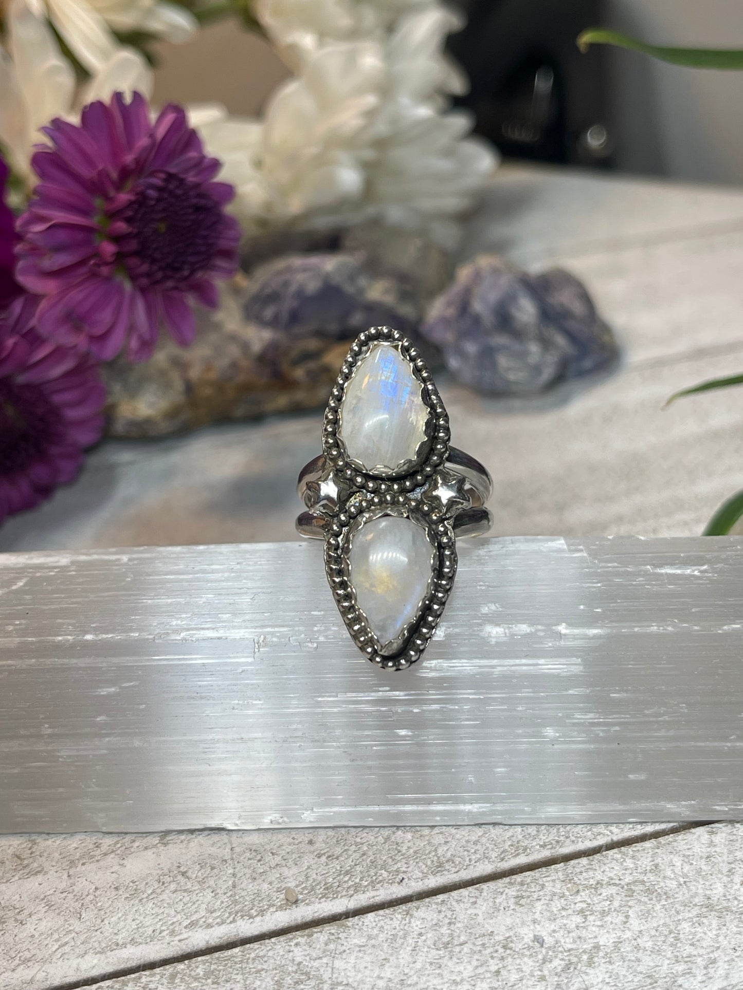 Moonstone Double Stone sterling silver ring size 7