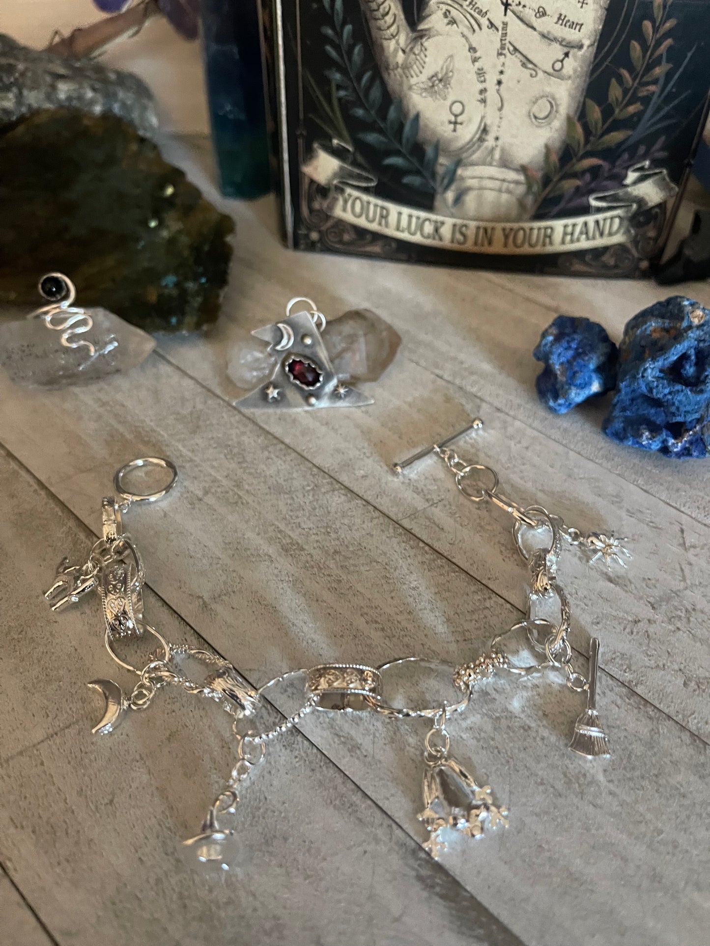 Witchy Charm Bracelet Sterling Silver with moonstone clasp