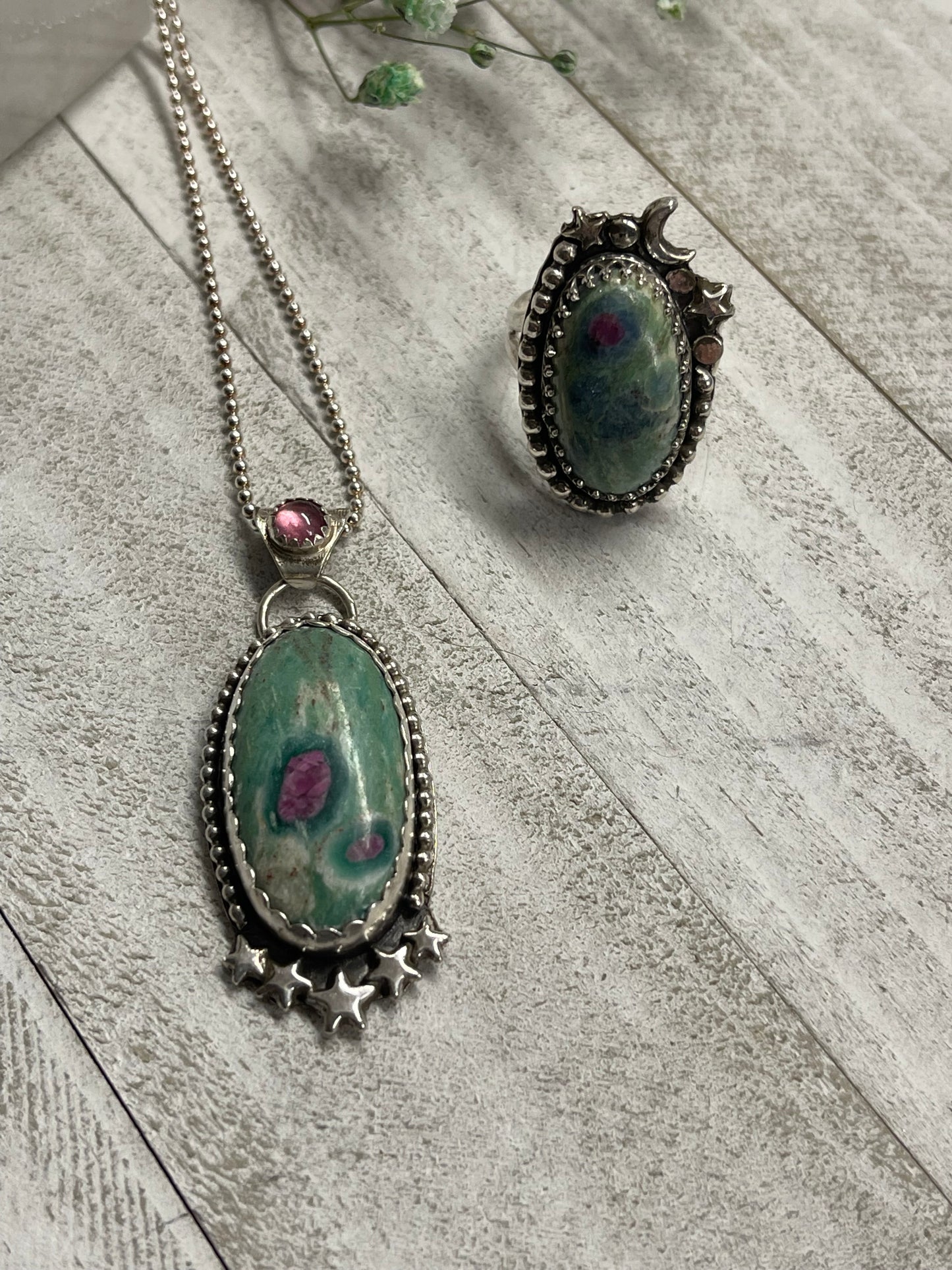 Ruby in Fuschite Necklacewith Pink Tourmaline Bail