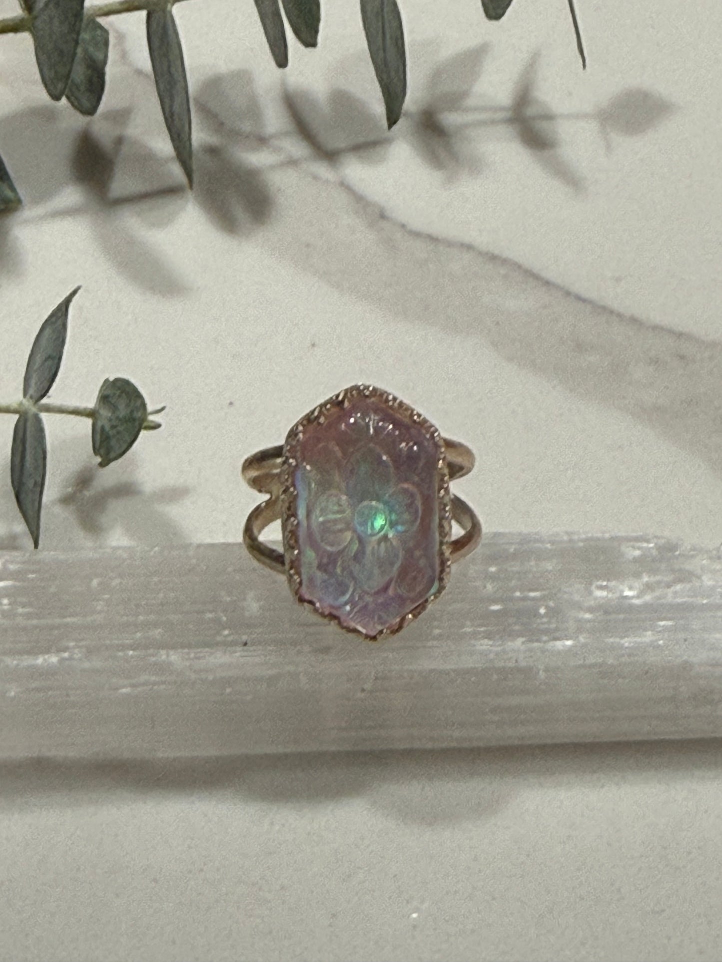 Aurora Opal with carved flower ring size 6 1/2