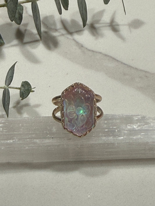 Aurora Opal with carved flower ring size 6 1/2