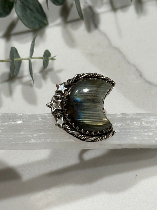 Labradorite Moon and stars Ring size 8 1/2