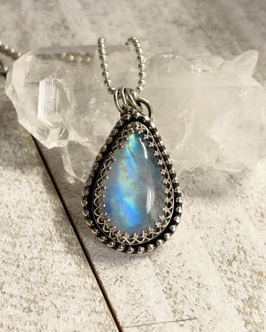 Rainbow Moonstone Teardrop Necklace