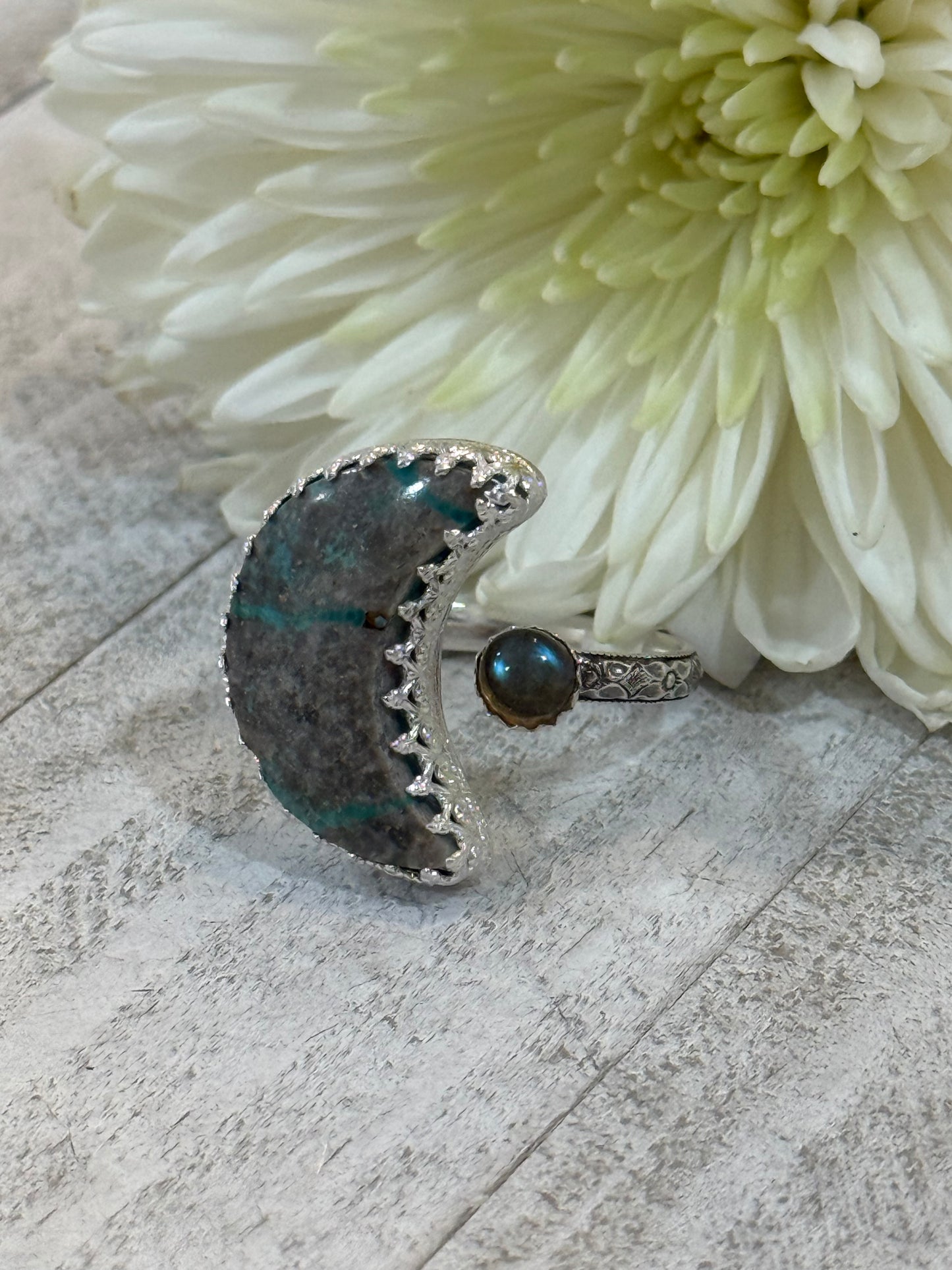 Turquoise moon and Labradorite ring size 9