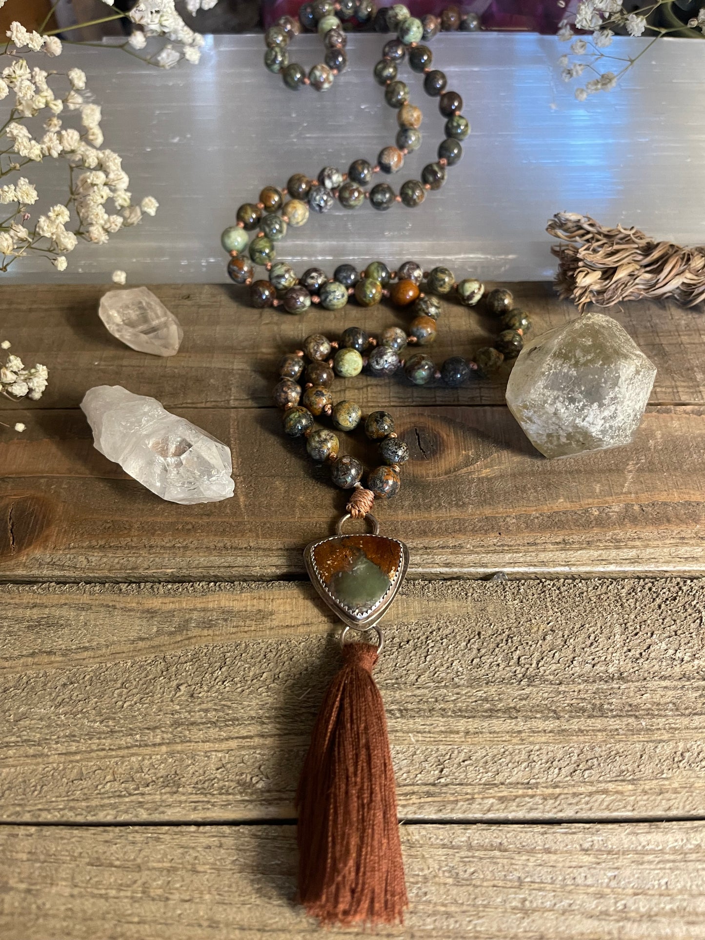 Rainforest Agate  and handcrafted Chrysoprase Sterling Silver Guru bead mala